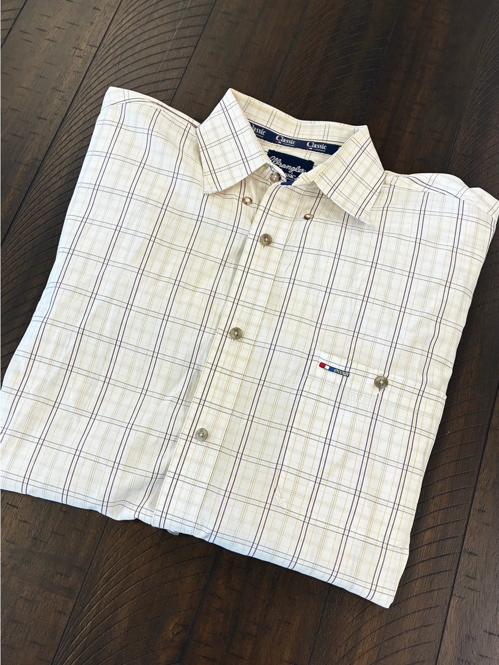 Wrangler Men's Cream Button-Down Shirt with Blue & Tan Plaid